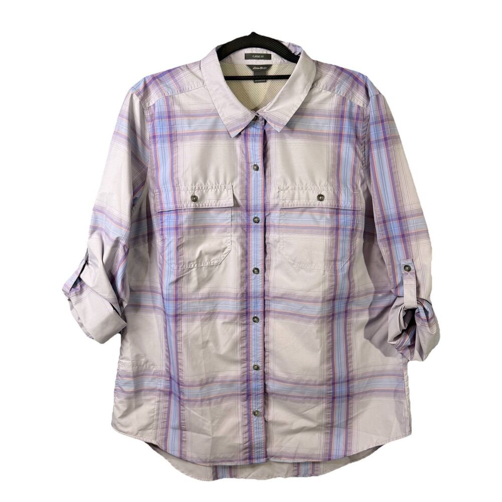 Eddie Bauer Purple Plaid Long-Sleeve Button-Up Vented Blouse Women's Large